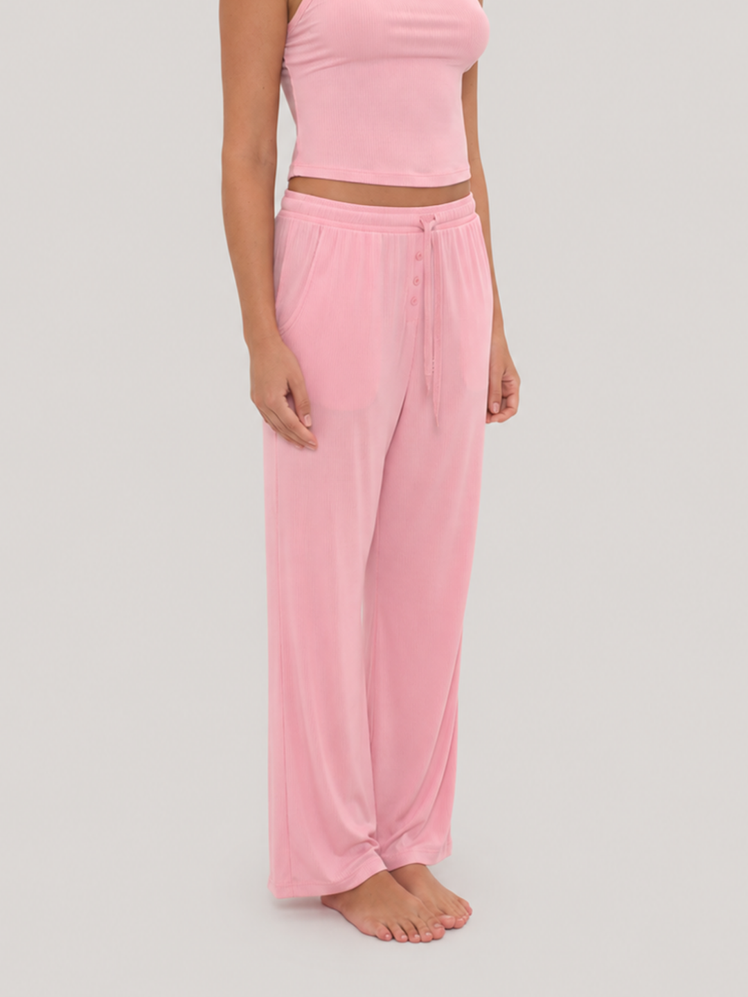 Rib Lounge Pant Powder Pink front angled