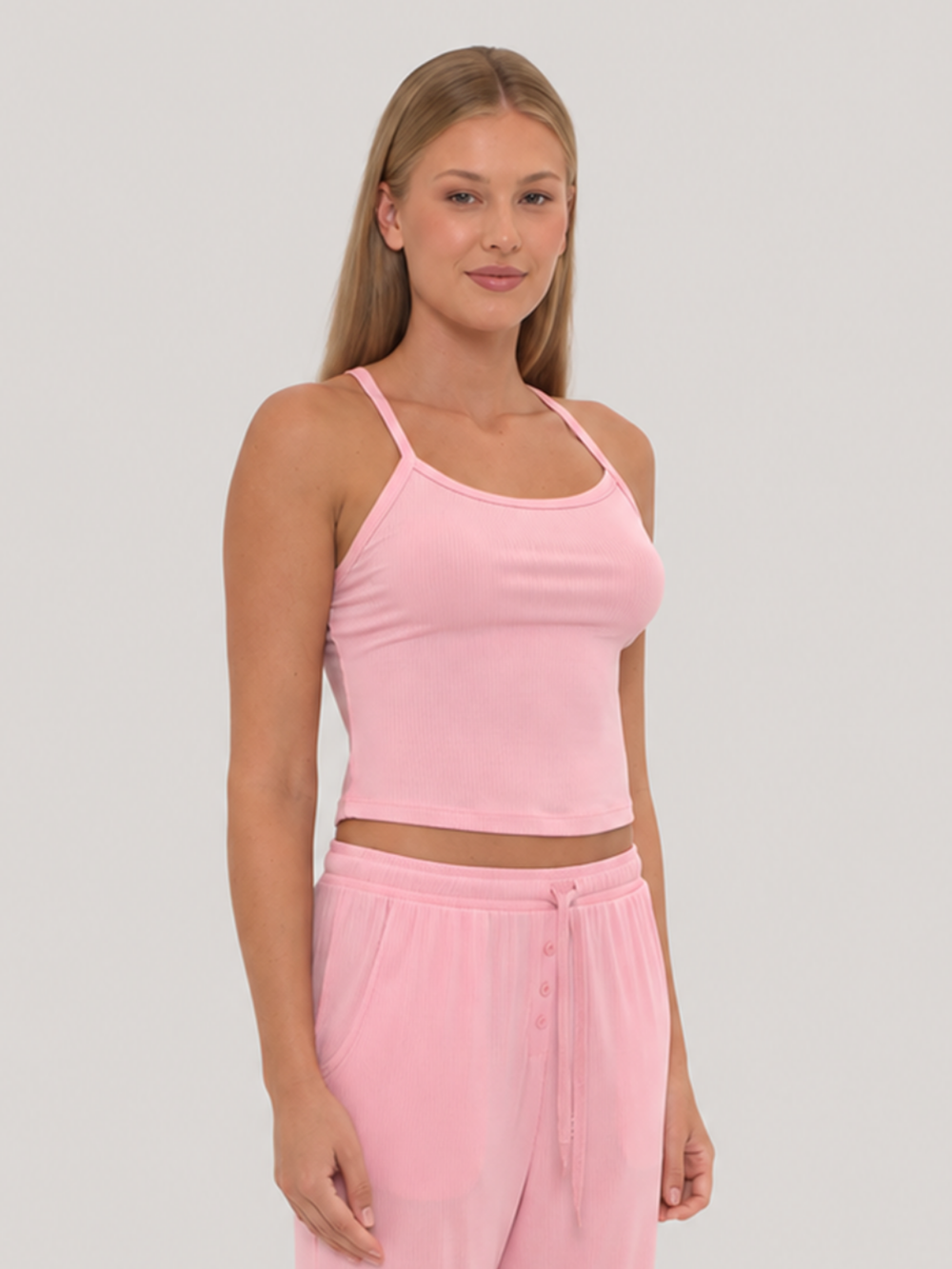 Rib Lounge Singlet Powder Pink front angled