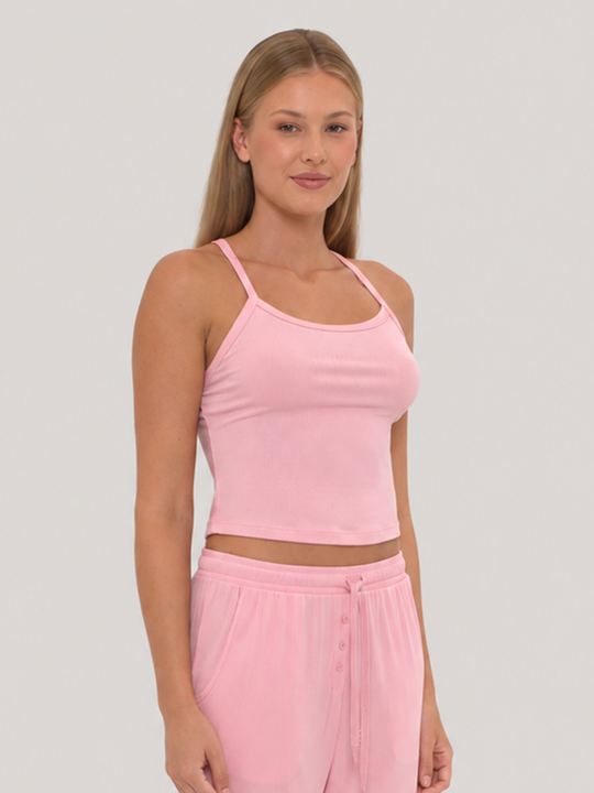 Rib Lounge Singlet Powder Pink front angled